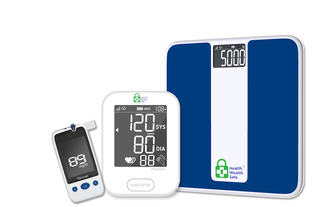 Health Wealth Safe device in Athens, GA displays a systolic reading of 120, a diastolic reading of 80, and a pulse rate of 88 next to a digital body weight scale displaying 5000.